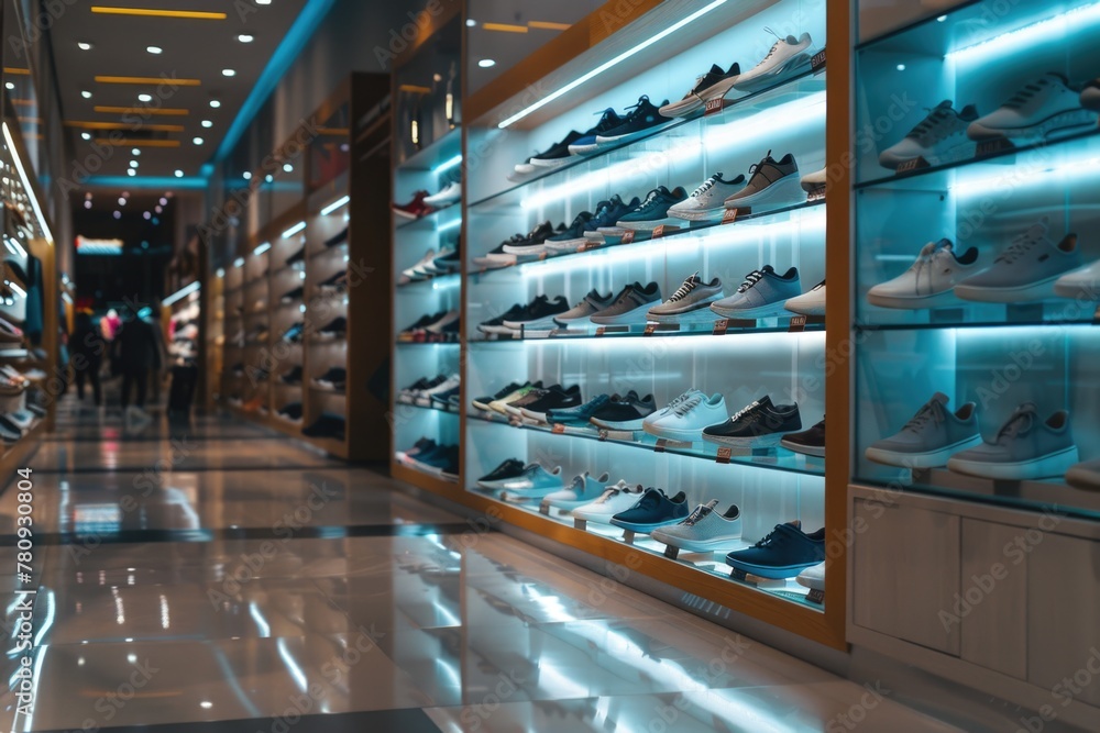 Poster a store filled with lots of different types of shoes. perfect for showcasing shoe collections
