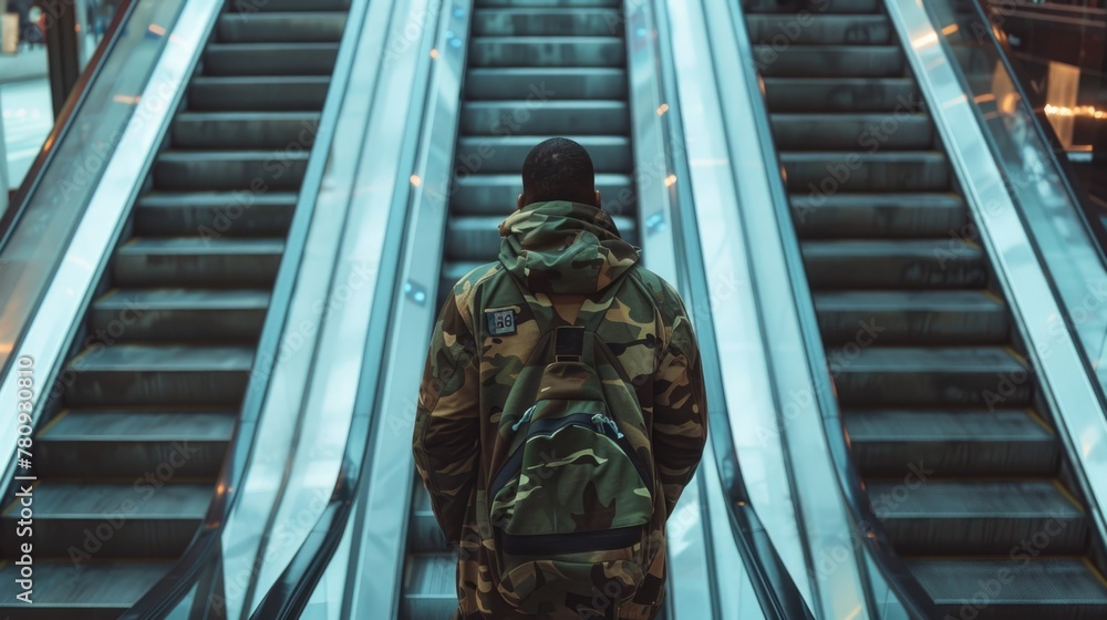 Poster a man with a backpack standing in front of an escalator. suitable for travel and urban exploration c