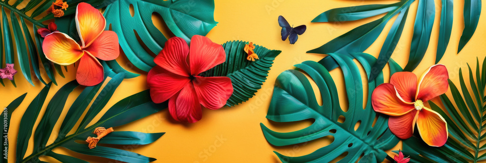 Aufkleber a colorful array of flowers and leaves arranged on a bright yellow backdrop, creating a lively and c