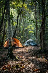 A couple of tents in a serene forest setting. Ideal for outdoor and camping themes