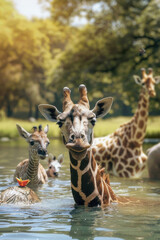 A group of giraffes standing in a body of water, with their long necks reaching for nearby branches