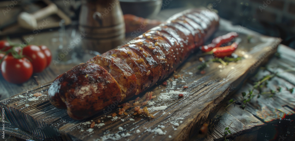 Canvas Prints A large piece of meat on a wooden cutting board. Perfect for food and cooking related projects