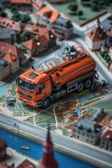 Toy truck model placed on a map, ideal for travel concept designs