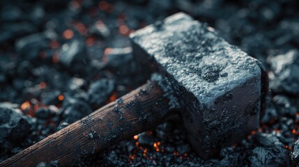 A hammer resting on a stack of coal. Suitable for industrial concepts