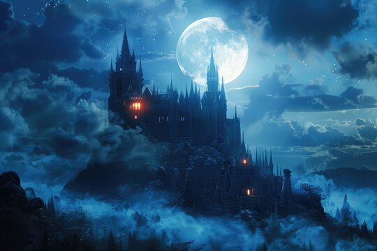 A majestic castle against a backdrop of a full moon. Suitable for fantasy and fairytale themes