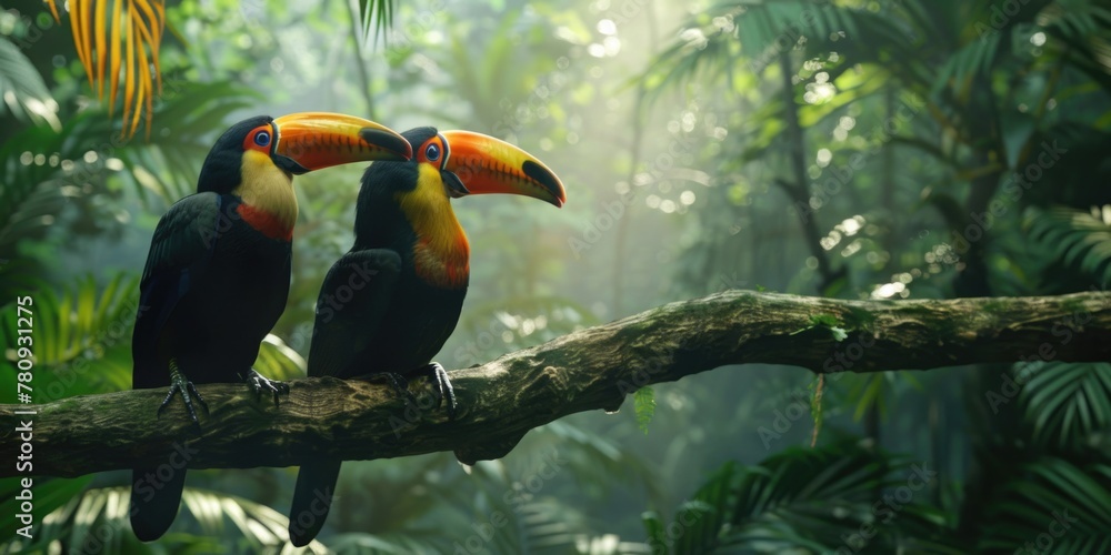 Poster two colorful toucans perched on a branch in the jungle. suitable for nature and wildlife concepts