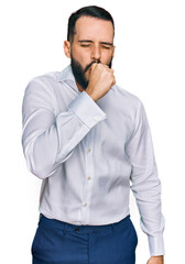 Fototapeta premium Young man with beard wearing business shirt feeling unwell and coughing as symptom for cold or bronchitis. health care concept.