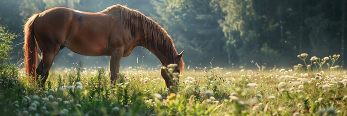 A horse peacefully grazing in a field filled with tall green grass on a sunny day - Powered by Adobe