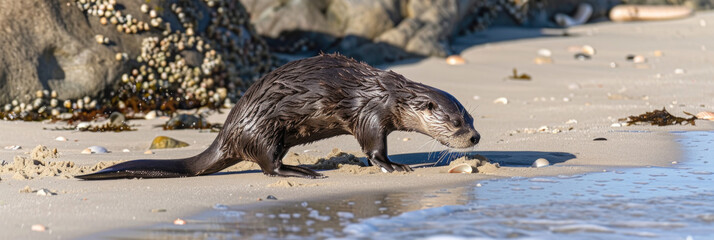 A North American River Otter walks on a sandy shore, its wet fur glistening in the early morning sun