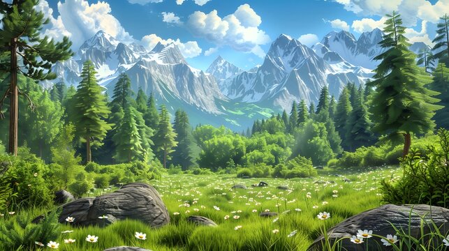 3d rendering of cartoon forest landscape with montains