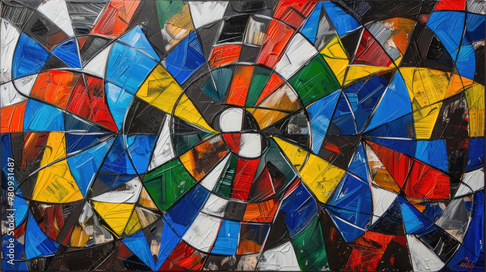 Poster a vibrant and dynamic abstract painting featuring a riot of colors and shapes merging and flowing ac