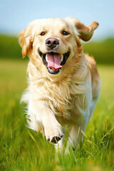 A golden retriever is energetically running through a lush grassy field under the clear blue sky on a sunny day