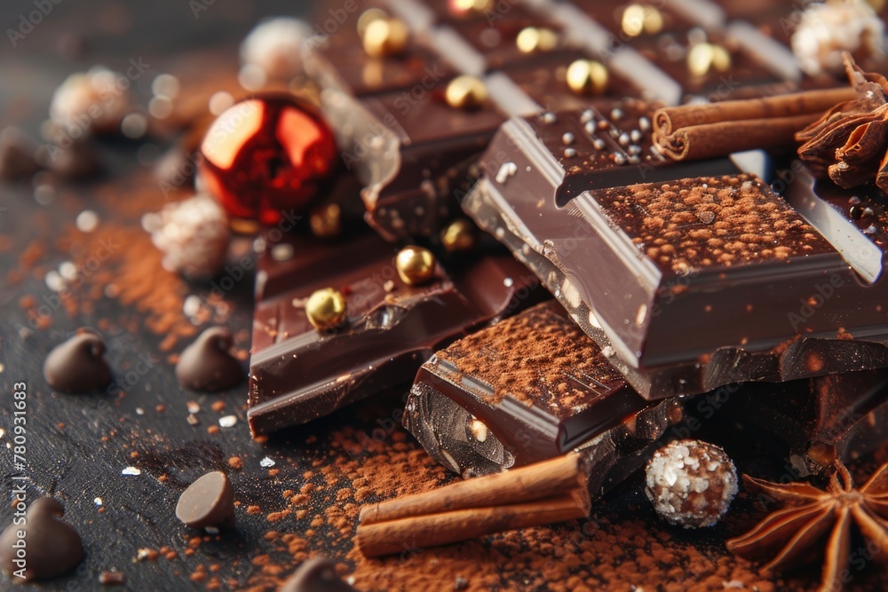 Poster a close up shot of a chocolate bar on a table. ideal for food and dessert concepts