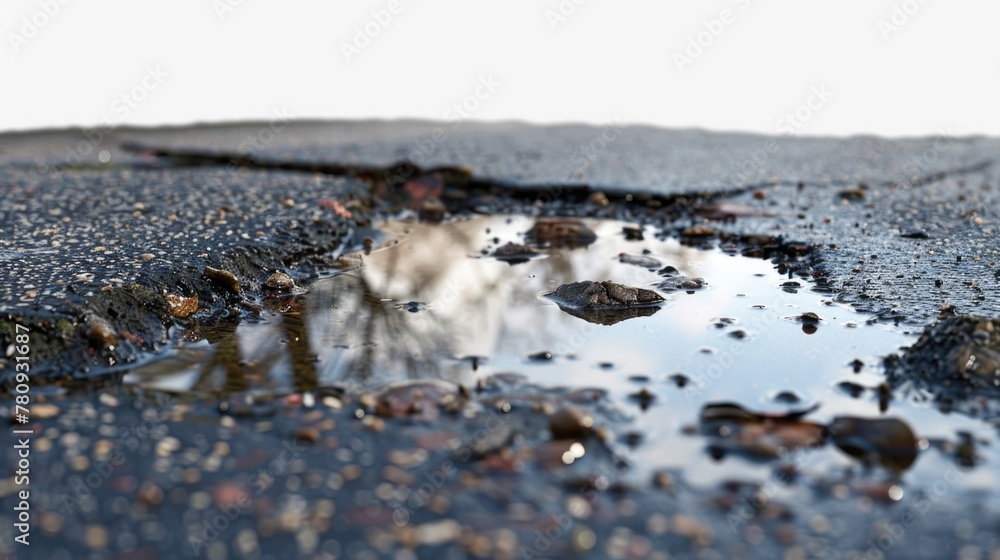 Poster a puddle of water on the side of a road. suitable for weather or transportation concepts