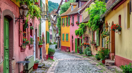 Fototapeta na wymiar Cobblestone street flanked by vibrant, colorful buildings. Architecture showcases a variety of hues under clear sky