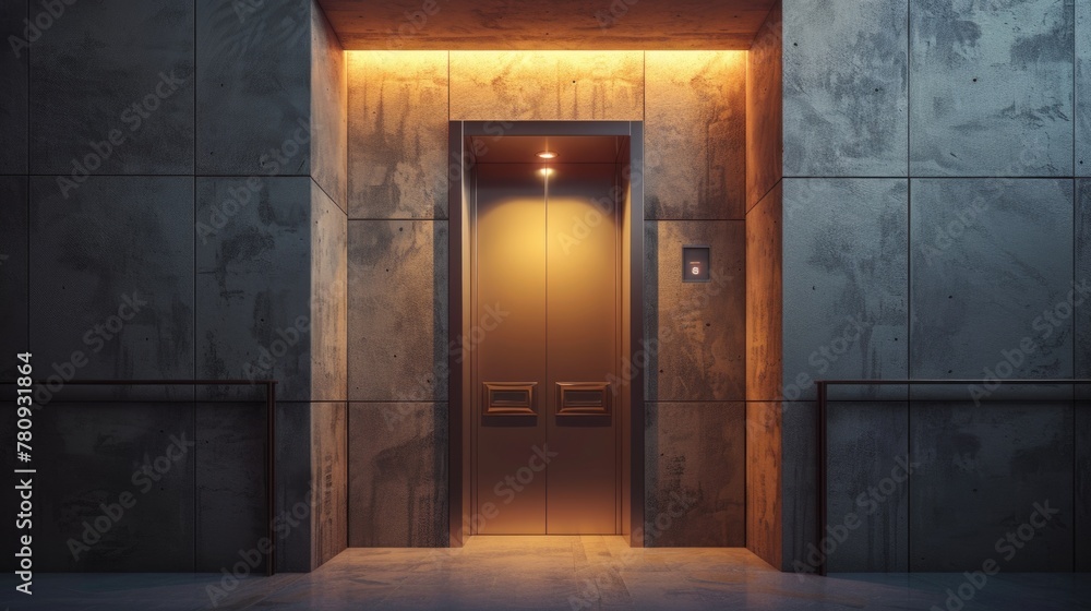Aufkleber an open elevator door in a concrete building. suitable for illustrating urban architecture