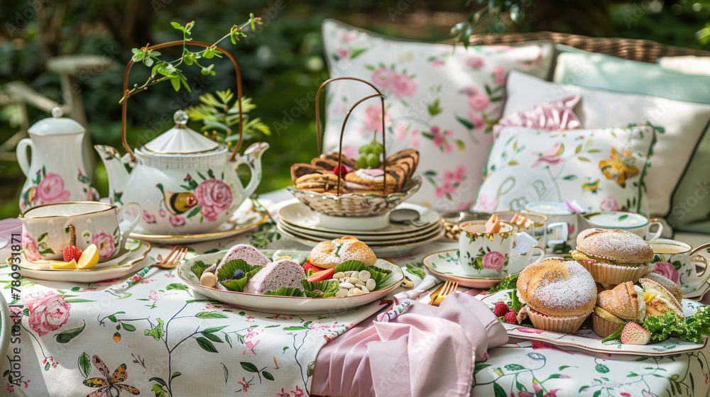 Poster a table is set with various plates and cups filled with an assortment of food items, creating a meal