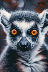 Naklejka premium Close up of a lemur with striking orange eyes, perfect for wildlife publications