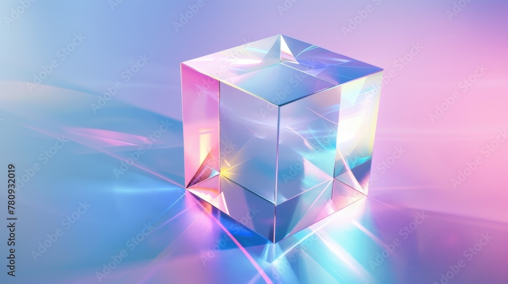 Poster a crystal cube placed on a reflective surface. suitable for business and technology concepts