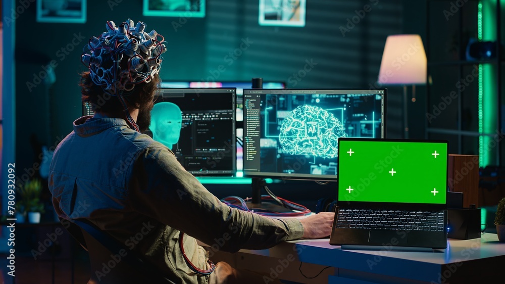 Poster it admin coding and using eeg headset to upload brain into green screen laptop, gaining immortality.