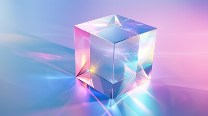 A crystal cube placed on a reflective surface. Suitable for business and technology concepts