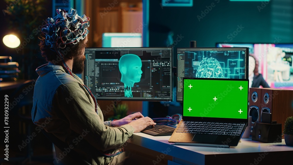 Poster computer scientist uploading brain into cyberspace, gaining digital persona using green screen lapto