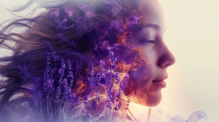 Model woman with flying long hair profile portrait. Fantasy watercolor. Nature cosmetics concept, make-up. Beauty model girl with lavender flowers. - obrazy, fototapety, plakaty