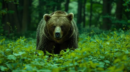   A large brown bear stands amidst a forest of tall green trees and lush plants, its blue nostrils visible