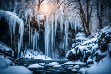 The waterfall frozen in time, captured during winter, with icicles hanging from the rocks, creating...