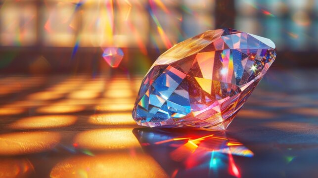 An abstract lens flare with bokeh lights and a reflection of a glass, round diamond, crystal. Jewelry. Defocused, colorful rainbow light leaks on black.