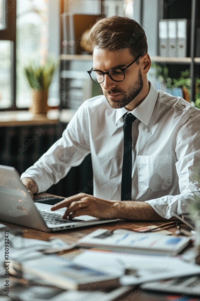 Aufkleber a man in a white shirt and tie working on a laptop. suitable for business and technology concepts