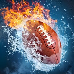 American Football Ball with flame and water Against blue Background