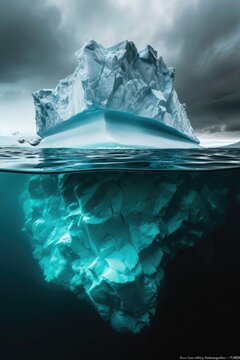 Picture of an iceberg in the ocean under a cloudy sky. Suitable for environmental themes
