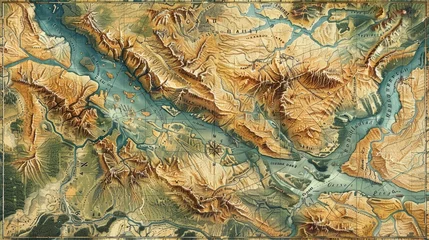Crédence de cuisine en verre imprimé Montagnes Detailed Decorative Illustrated Mountain Landscape Map for Home Decor and Prints