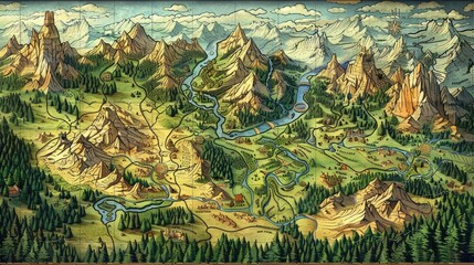 Breathtaking Mountainous Landscape with Winding River and Lush Forests in Illustrated Map Style for Home Decor and Prints