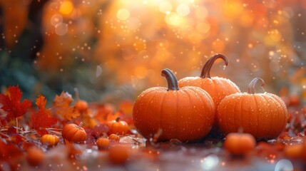 Background for Thanksgiving day in autumn. Halloween pumpkins in a patch. Beautiful autumnal nature scenery. Harvest festival in nature with orange pumpkins on a bright background. - obrazy, fototapety, plakaty
