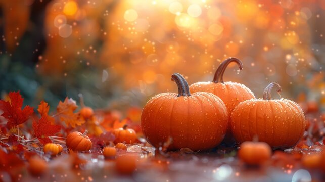 Background for Thanksgiving day in autumn. Halloween pumpkins in a patch. Beautiful autumnal nature scenery. Harvest festival in nature with orange pumpkins on a bright background.