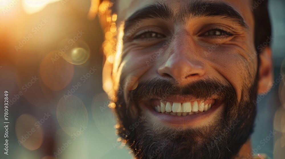 Poster a man with a beard smiles at the camera. suitable for business and lifestyle concepts