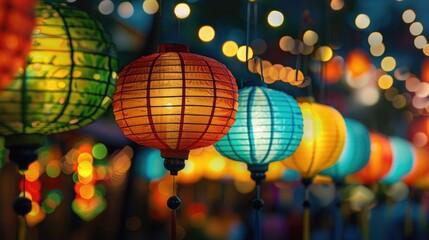 Vibrant lanterns suspended from a ceiling, perfect for festive decorations