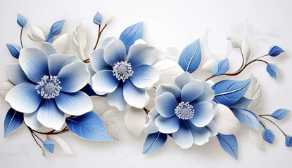 Fotobehang 3d wallpaper with elegant blue flowers, magnolia and leaves, vector illustration design with white background  © Goodhim