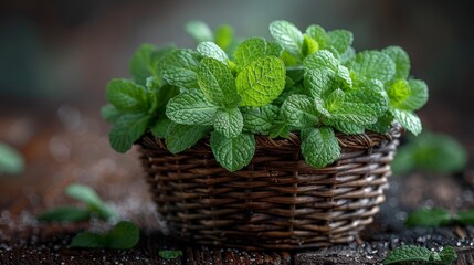 A bundle of fresh green organic mint leaves on a wood table close up. Selective focus. Peppermint in a basket with a wooden background.