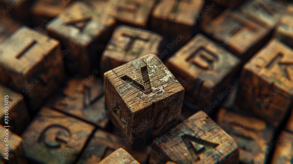 Poster Close up of a wooden block with letters. Perfect for educational or spelling concepts