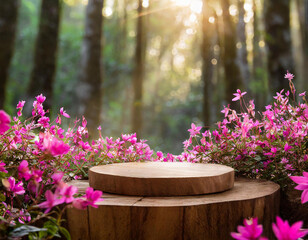 Elegant wood podium in the enchanting forest. Beautiful fuchsia flowers and green plants.