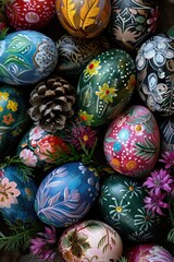 Fototapeta na wymiar A vibrant pile of painted Easter eggs with pine cones. Perfect for Easter and spring-themed designs