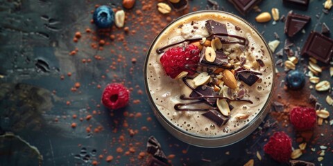 Delicious chocolate milkshake topped with nuts and raspberries. Perfect for menu design or food...