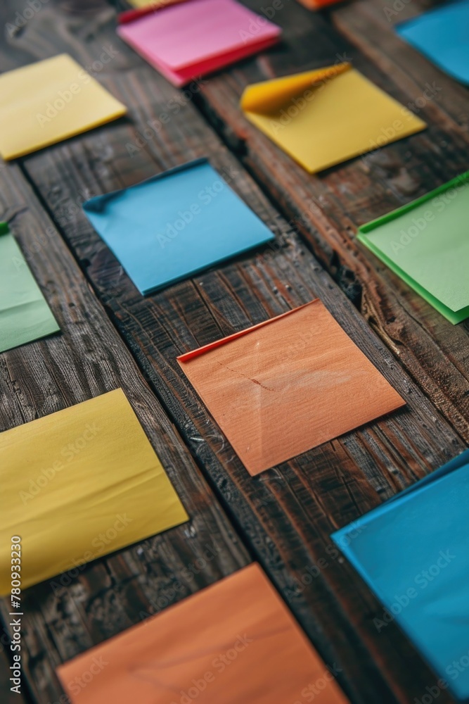 Poster various colored papers on a wooden surface, versatile for multiple projects