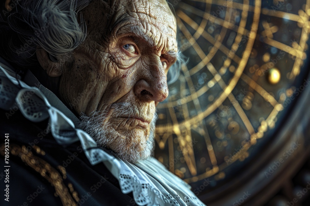 Aufkleber An elderly man standing with a clock in the background. Suitable for time management concepts