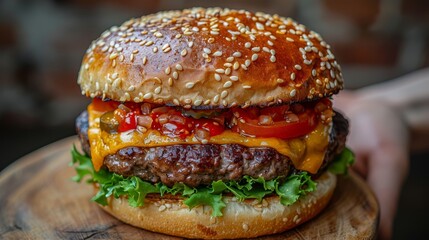   Cheeseburger with lettuce, tomato, and cheese on a sesame seed bun Served on a wooden board