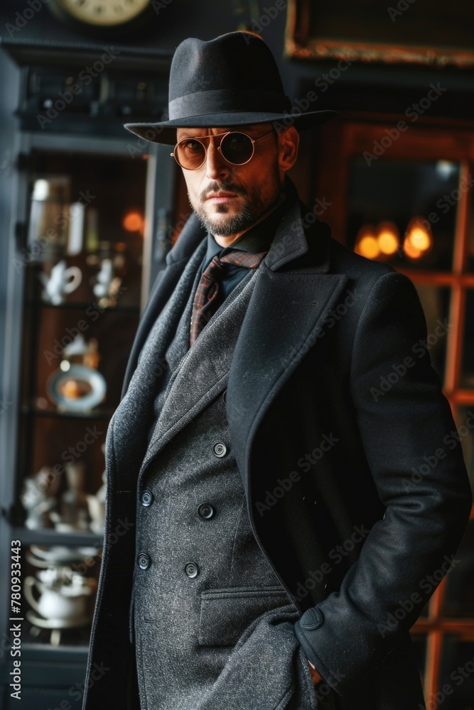 Leinwandbilder a man in a suit and hat standing in front of a clock. suitable for business concepts