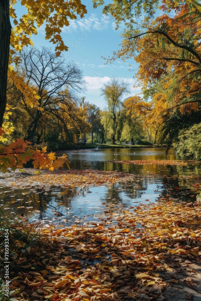 Aufkleber serene pond surrounded by autumn trees. ideal for nature and relaxation concepts